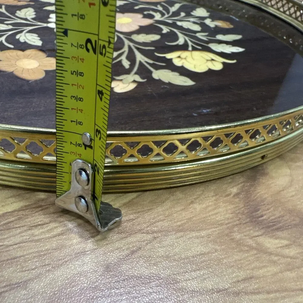 Vintage Italian Marquetry Wood Inlay Tray Brass Handles Vanity Ornate 11-3/4”